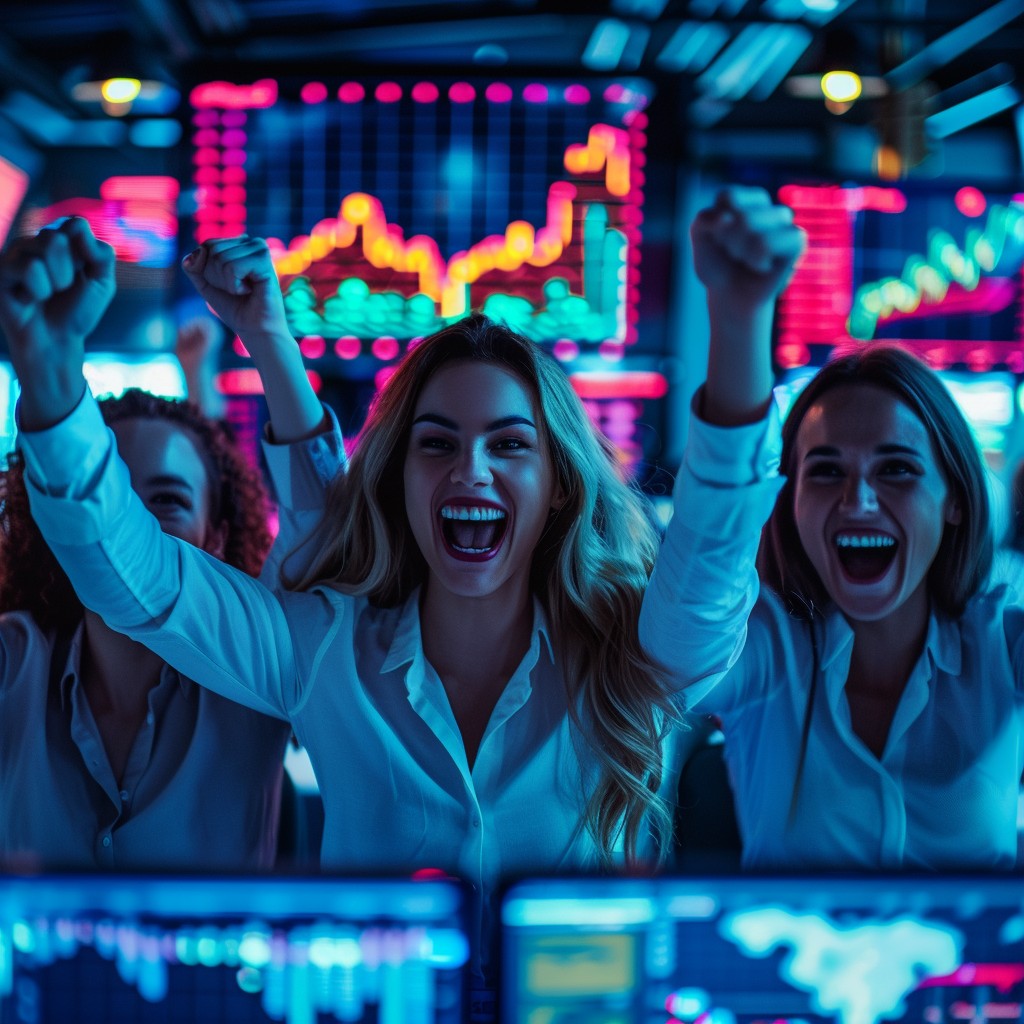 Three colleagues celebrating a successful result on a trading floor