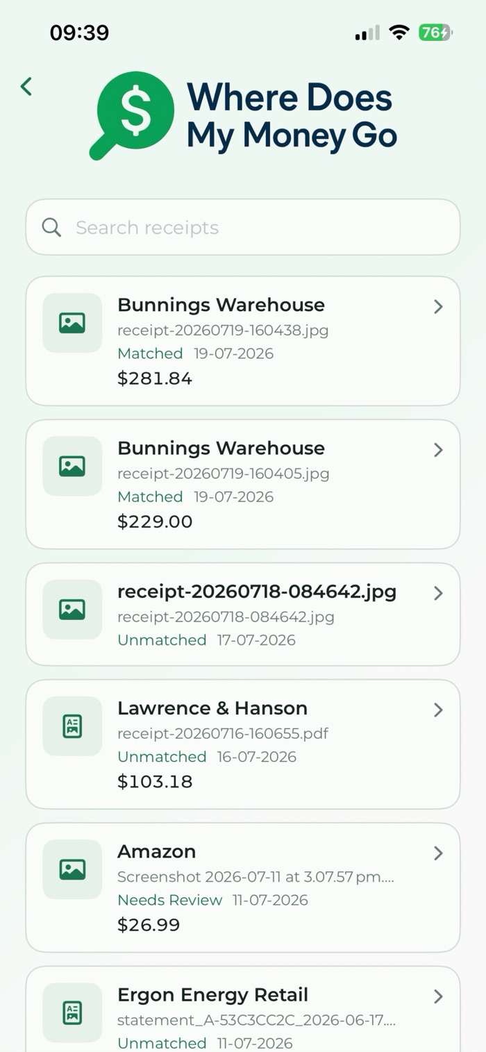 The iPhone app showing a list of receipts and a receipt matched to purchases